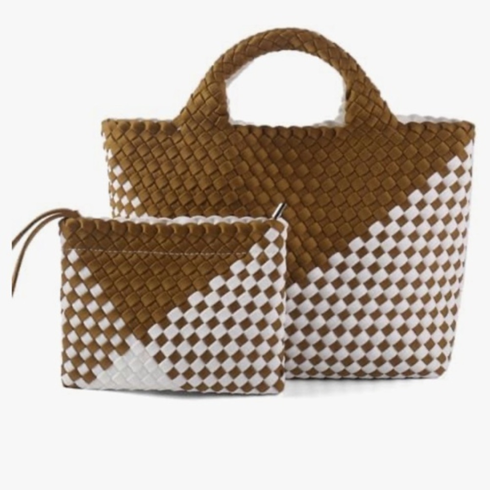 Brown and White Woven Tote Bag Set